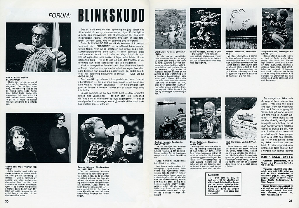 Fotografis spalte "Blinkskudd" fra 1968. Vinnerbildet var tatt av Roy H. Ekstø, Horten.